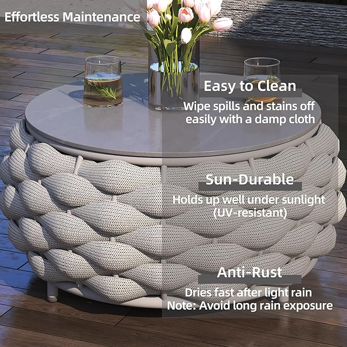Round Coffee Table for Indoor & Outdoor Use, Aluminum Patio Furniture with Handwoven Ropes, Weather-Resistant for Garden, Terrace & Poolside (Gray)