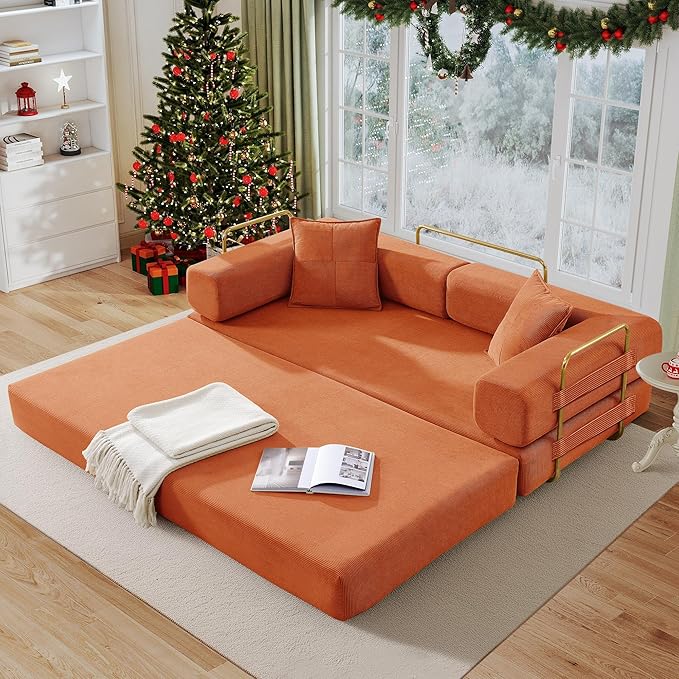 Antetek Convertible Futon Sofa Bed, 3-Seater Modern Corduroy Foam Floor King Size Bed Fold Out Sleeper Lounge Loveseat Sofa Couch with 2 Throw Pillows for Living Room Bedroom Guest Room, Orange