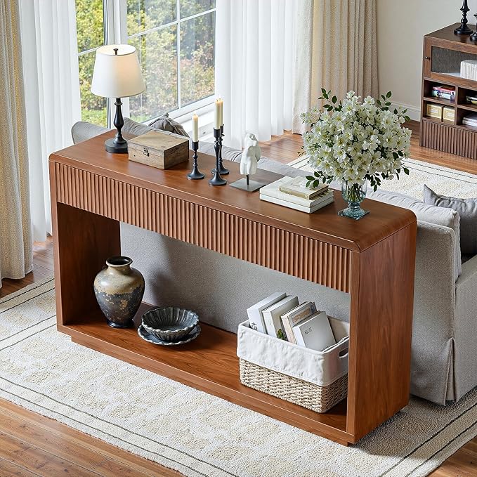 Evermagin 59'' Walnut Entryway Table with Drawers, Fluted Console Table, Mid Century Modern Sofa Table with Storage for Living Room, Entrance, Hallway