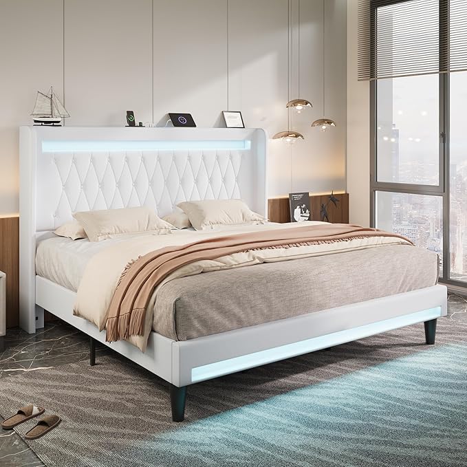 Allewie Upholstered King Size Platform Bed Frame with LED Light and Charging Station, Button Tufted High Headboard, Wingback Design, Noise Free, Easy Assembly, No Box Spring Needed, White