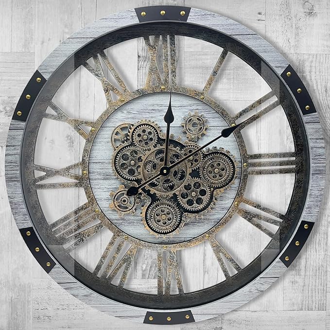 DORBOKER 27" Original Moving Gears Wall Clock, Large Industrial Wall Clock for Living Room Decor, Retro Metal Solid Wood Vintage Farmhouse Steampunk Rustic Clocks for Wall Decor,Silver Grey