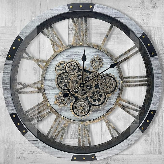 DORBOKER 36" Original Moving Gears Wall Clock, Large Industrial Wall Clock for Living Room Decor, Retro Metal Solid Wood Vintage Farmhouse Steampunk Rustic Clocks for Wall Decor,Silver Grey