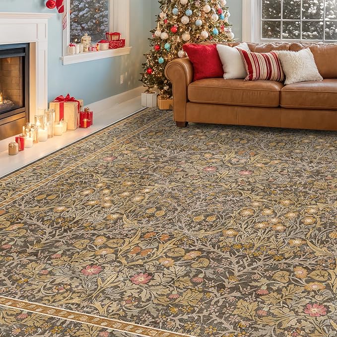 Washable Dining Room Rugs for Under Table - 6x9 Brown Oriental Area Rug for Living Room, Low Pile Non-Slip Floor Carpet for Bedroom Under Bed - Vintage Design & Stain Resistance