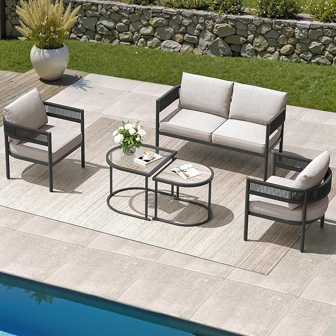 Grand patio 5-Piece Outdoor Furniture Set, 4 Seats Wicker Sofa Conversation Set with Thick Cushions and Coffee Table, for Backyard, Balcony, Garden (Beige)