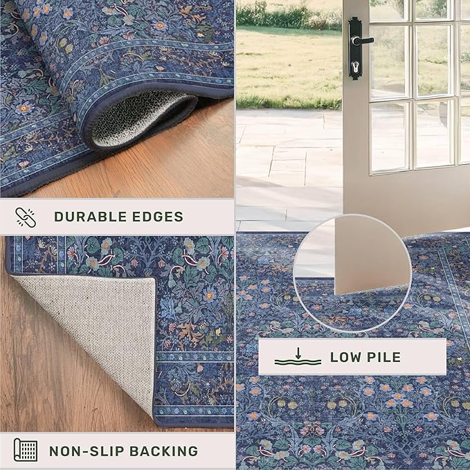 Vintage Dark Blue 3x6 Area Rugs for Large Entryway, Bedroom Beside Rug, Kitchen, Laundry Room, Non-Slip Low Pile Ultra Soft Stain Resistant Small Floral Carpet