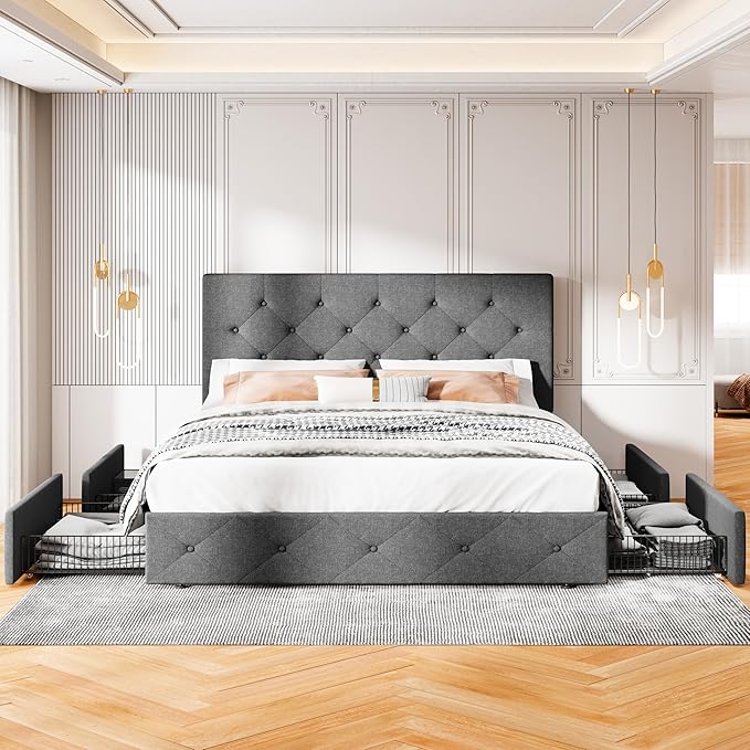 MUTICOR Full Size Bed Frame with 4 Storage Drawers, Upholstered Platform Bed with Button Tufted Adjustable Headboard, No Box Spring Needed, Easy Assembly, Diamond Tufted, Dark Grey Fabric