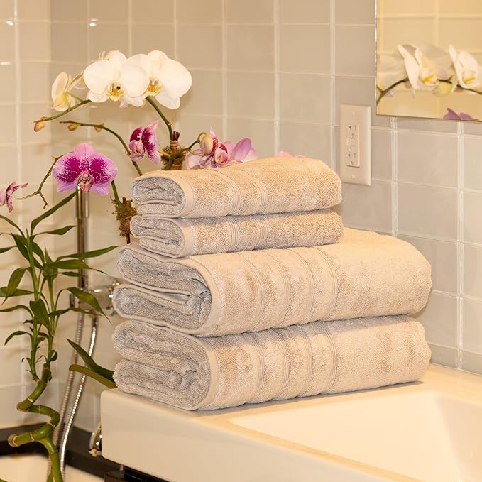 Mosobam Luxury Turkish 4pc XL Towel Set 35X70 16X30 Light Grey (Gray) Oversize 700 GSM Bamboo Viscose & Aegean Turkish Combed Cotton