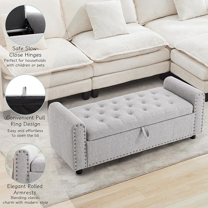 Ottoman with Storage, Tufted Storage Bench for Bedroom, 48" Fabrics End of Bed Bench, Upholstered Entryway Shoe Benches with Rolled Arm & Inner Zipper, Window Ottomans Chest with Rivets, Light Grey