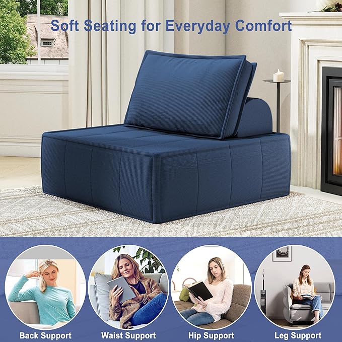 PurrJoys Modular Sectional Sofa, 35" Corduroy Sofa Sleeper Deep Seat Sofa with Adjustable Backrest, Small Couch for Small Spaces, Living Room, Bedroom, Apartment,Blue Office Couch