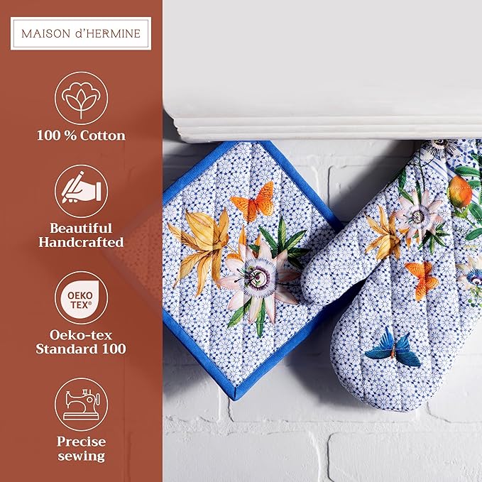 Maison d' Hermine 100% Cotton Oven Mitt & Pot Holder Set (7.5"x13" & 8"x8") Heat Resistant BBQ Cooking Gloves with Loop, Baking, Grilling, Kitchen, Handling Hot Pans Spring/Summer (Passiflora)