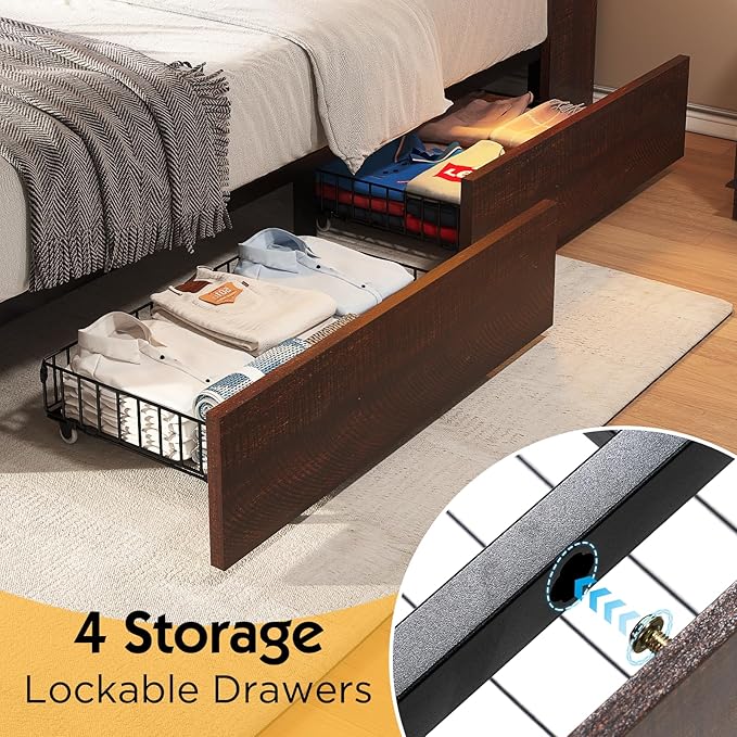 King Farmhouse Bed Frame with Bookcase Headboard and 4 Drawers, LED Storage Bed with Charging Station & Linen Upholstered, No Box Spring Needed, Reclaimed Barnwood