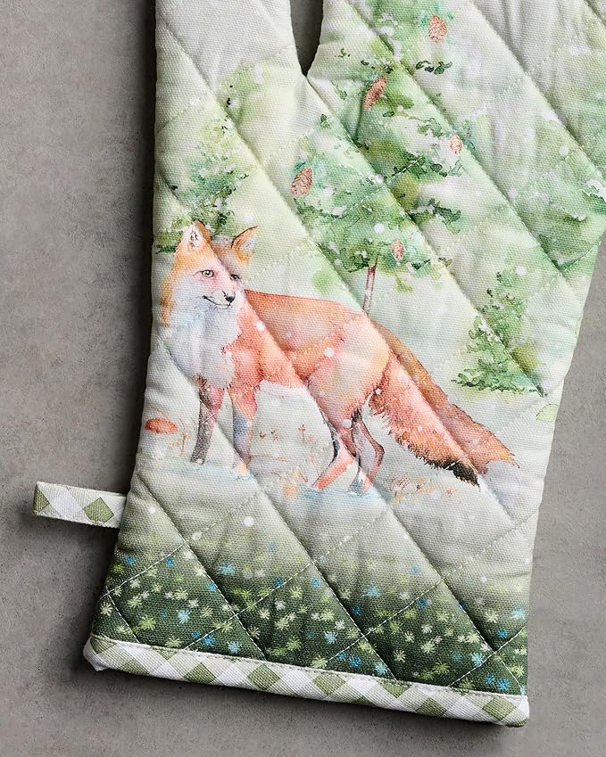 Maison d' Hermine 100% Cotton Oven Mitt & Pot Holder Set (7.5"x13" & 8"x8") Heat Resistant BBQ Cooking Gloves with Loop for Thanksgiving Christmas Decorations Handling Hot Pans (Winter Mornings)