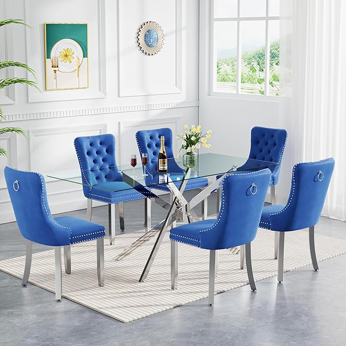 Goujxcy 7 Piece Glass Dining Table Set Modern Glass Dining Table Set for 6, 61" Rectangular Silver Kitchen Table and 6 Velvet Upholstered Chairs, Silver Table & Blue Chair