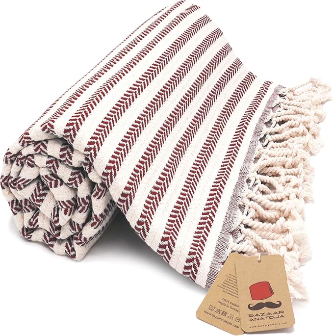 Bazaar Anatolia Turkish Beach Towel – 100% Cotton, Quick Dry, Sand Free Towel for Bathroom, Travel, Camping – Oversized 71x39 Inches – Arpa Maroon