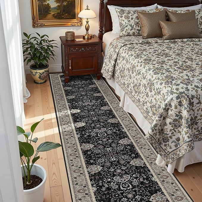 Vintage 2x10 Runner Rugs for Hallway Non-Slip Hallway Runner Rug with Rubber Backing Washable Rug Runner for Kitchen Bedroom Vintage Distressed Carpet(Blcak Navy Multi