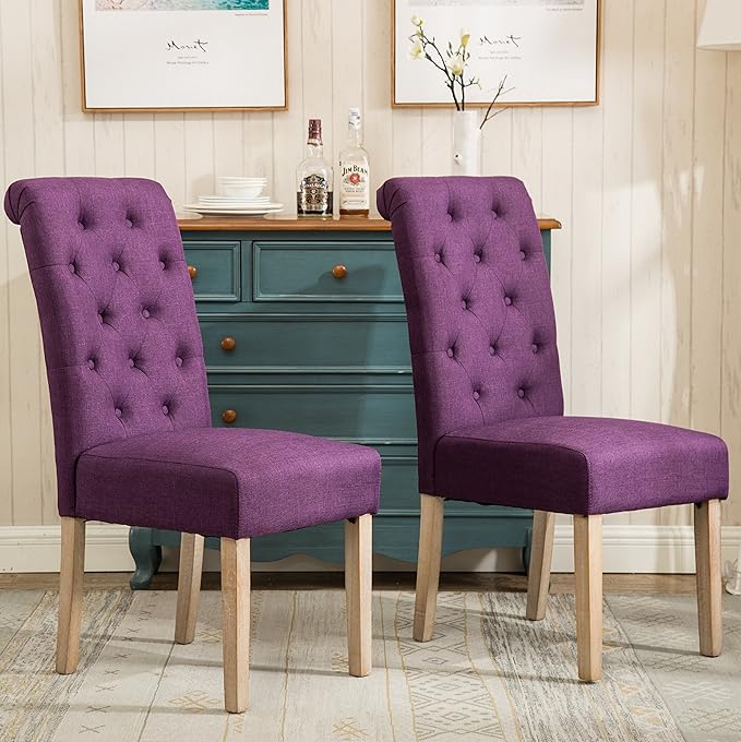 Roundhill Furniture Habit Solid Wood Tufted Parsons Purple Dining Chair, Set of 2