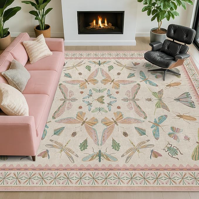 Floral Pink Rugs for Bedroom Girls 6x9 - Insect Print Cute Girly Rug for Living Room, Dining Room Under Kitchen Table, Washable Low Pile Vintage Bug Art Nouveau Home Decor