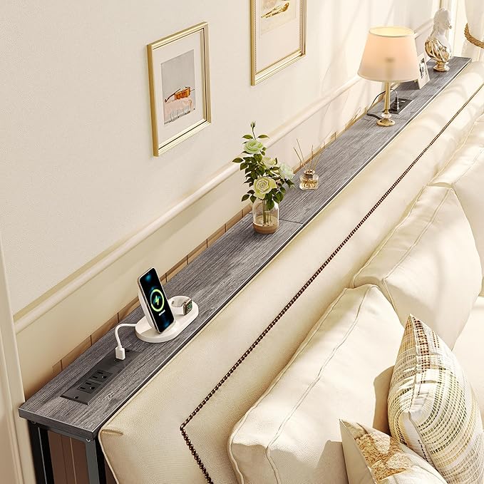 SUPERJARE 102 Inch Sofa Table with 2 Power Outlets and USB-C Ports, 5.9 Inch Narrow Console Table with Storage, Extra-Long, for Entryway Hallway Couch Behind Sofa, Small Spaces, Living Room, Grey