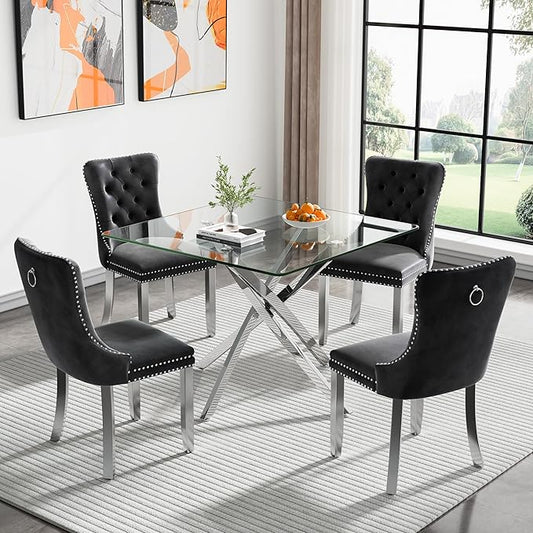 Goujxcy 5 Piece Glass Dining Table Set Modern Small Glass Dining Table Set for 4, 35.43" Square Kitchen Table and 4 Velvet Upholstered Chairs for Kitchen Dining Room, Silver & Black