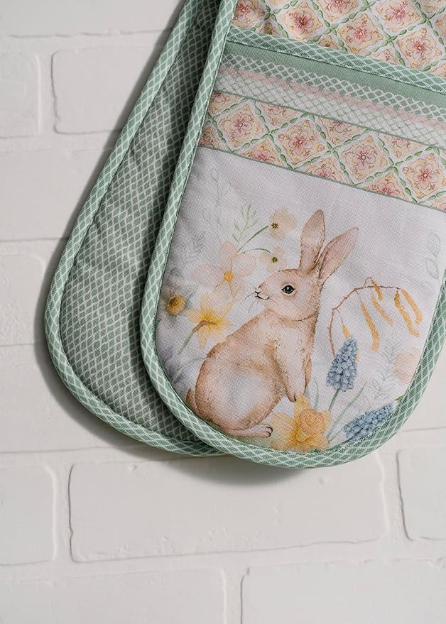 Maison d' Hermine Double Oven Mitts 100% Cotton 7"x35" Double Oven Mitt Heat Resistant BBQ Cooking Gloves with Loop, Baking, Grilling, Home, Kitchen, Handling Hot Pans Spring Summer (Easter Dew)