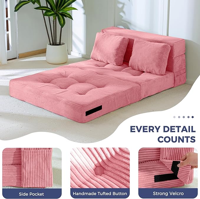 MAXYOYO Convertible Sofa Bed, Fold Out Loveseat Sleeper Sofa with Pillow, 4 in 1 Tufted Folding Couch Bed Foam Floor Couch, Lazy Chair for Living Room Bedroom Guest Room, Pink