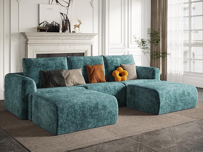 EASE MOOSE Cloud Couch Sectional Sofa, Large U-Shaped Oversized Modular Couch for Living Room, Minimalist Boneless Convertible Couches with Ottoman, 5-Seat Deep Sofas for Bedroom, Chenille (Blue)