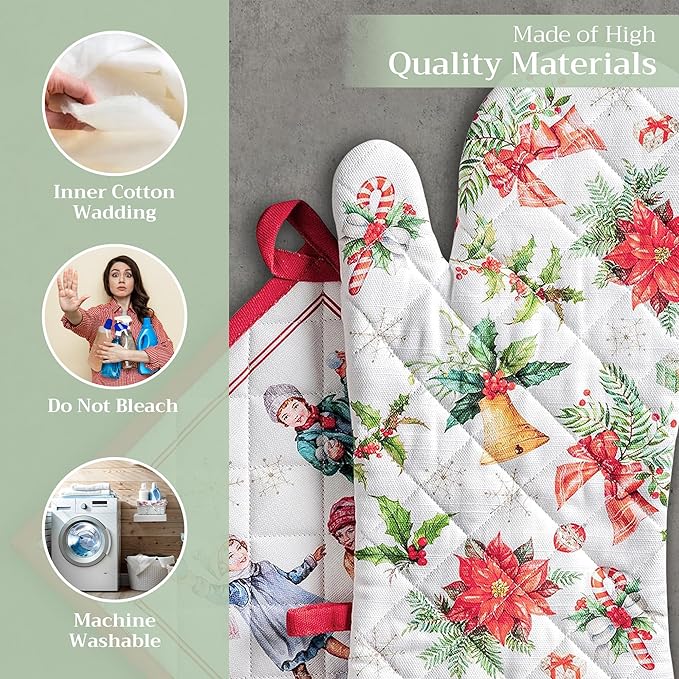 Maison d' Hermine 100% Cotton Oven Mitt & Pot Holder Set (7.5"x13" & 8"x8") Heat Resistant BBQ Cooking Gloves with Loop for Thanksgiving Christmas Decorations Handling Hot Pans (Chromo)