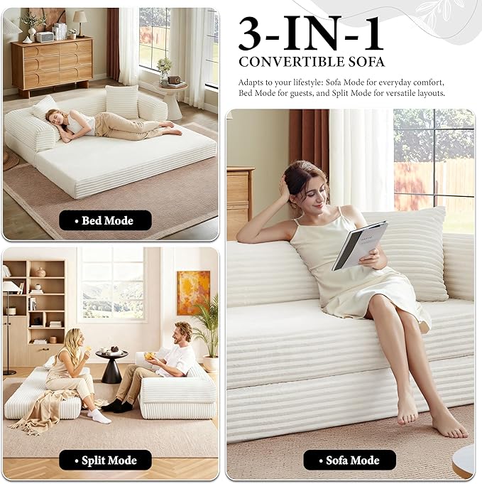Boneless Couch Sofa Bed Sectional Couches for Living Room,Futon Cloud Couch with Sleeper Sofa,Sofas for Living Room Oversized Corduroy Upholstered (White)