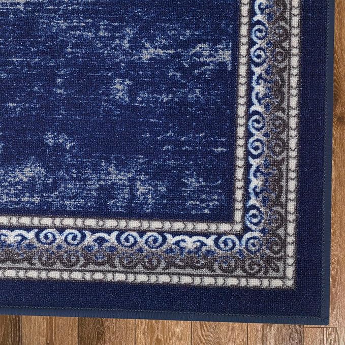 Antep Rugs Alfombras Bordered Modern 2x10 Non-Slip (Non-Skid) Low Pile Rubber Backing Indoor Area Runner Rug (Navy, 2' x 10')