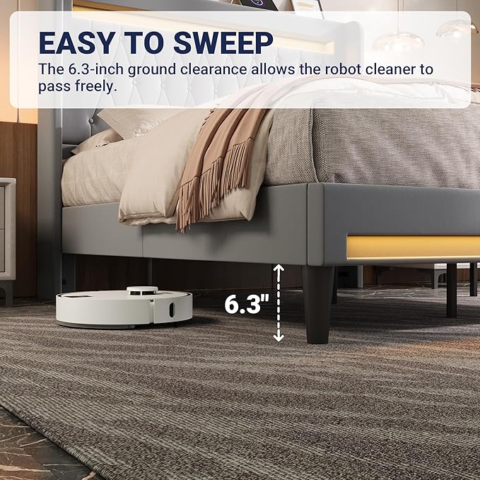 Allewie Upholstered King Size Platform Bed Frame with LED Light and Charging Station, Button Tufted High Headboard, Wingback Design, Noise Free, Easy Assembly, No Box Spring Needed, Grey