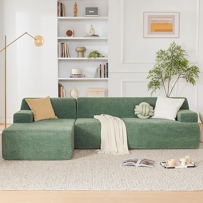 107” Chenille Modular Sectional Sofa, Boneless Couch Modern Sponge Sofa for Living Room, High Density Sponges Cloud Couch Sectional, L-Shape Couches for Living Room, Green