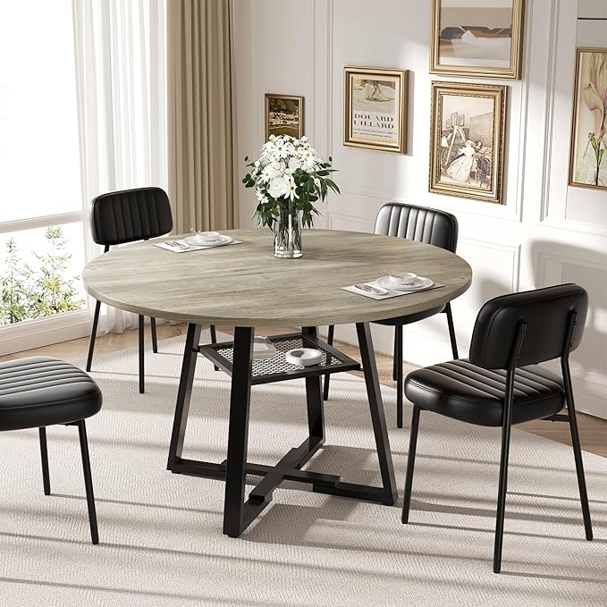 Round Dining Table for 4-6 People,47 Inch Dining Room Table,Modern Circle Kitchen Table with Storage Shelf and Metal Legs for Dining Room,Kitchen,Grey (Table Only)