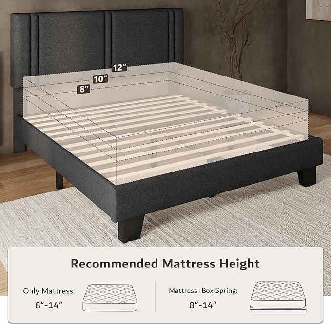 iPormis Full Platform Bed Frame with Fabric Upholstered Headboard & Thickened Legs, Mattress Foundation with Solid Wooden Slats Support, No Box Spring Needed, Noise Free, Dark Grey