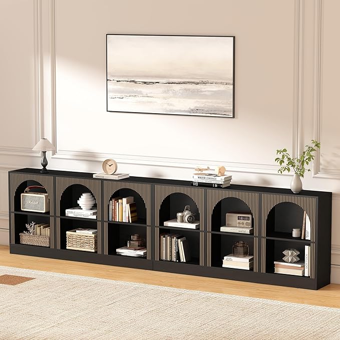 Console Table Set of 2, Extra Long 126" Arched Entryway Table with 3-Tier Open Storage, Rectangular Wooden Sofa Table for Living Room, Hallway, Behind Couch (2, Black)