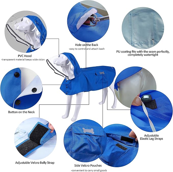 Waterproof Dog Raincoat, Adjustable Reflective Lightweight Pet Rain Clothes with Poncho Hood (X-Small, Blue)