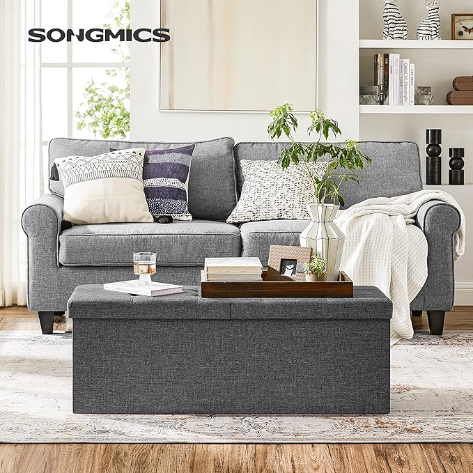 SONGMICS MAZIE Collection - 43 Inches Storage Ottoman, Foldable Storage Bench with Flipping Lid, 660 lb Load Capacity, for Entryway, Living Room, Bedroom, Dark Gray ULSF76GYZ