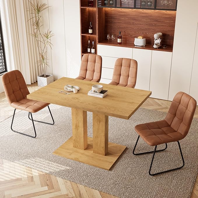 Dining Table Set for 4-6 People, 46 Inch Modern MDF Oak Kitchen Table with 4 Faux Leather Chairs, Rectangular Dining Room Table Set for Home, Small Spaces, Breakfast Nook (Oak Table + 4 Brown Chairs)