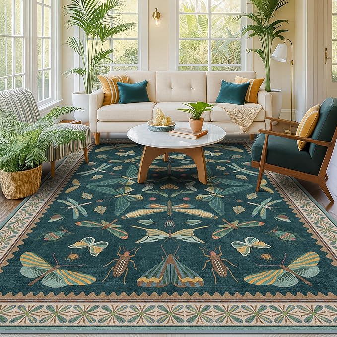 Vintage Teal Area Rugs for Living Room 6x8 - Floral & Butterfly Pattern Dining Rug, Low Pile Soft Bedroom Carpet, Washable Non Skid Rubber Backed, Forest Funky Home Décor