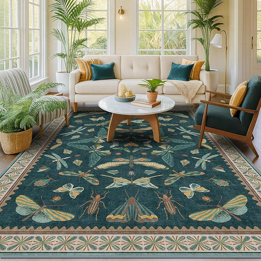 Vintage Teal Area Rugs for Living Room 6x8 - Floral & Butterfly Pattern Dining Rug, Low Pile Soft Bedroom Carpet, Washable Non Skid Rubber Backed, Forest Funky Home Décor