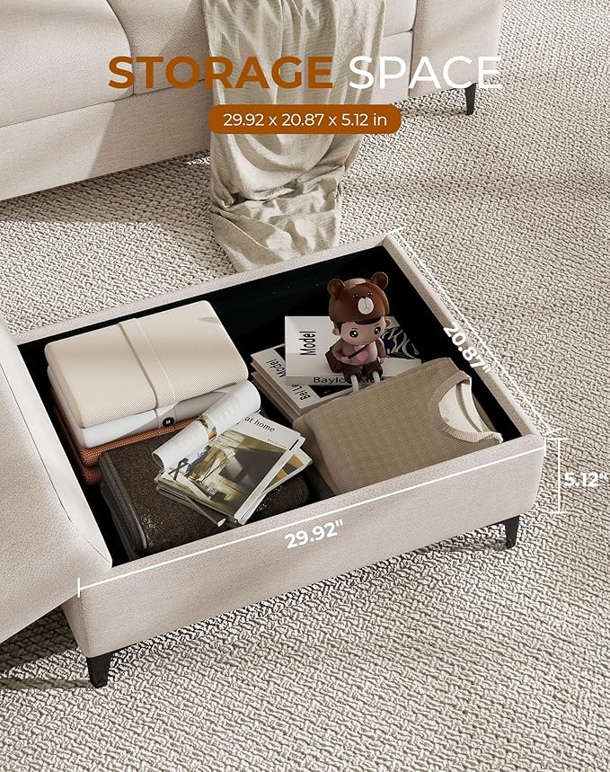 88.97" L Shaped Sectional Couches for Living Room, Deep Seat Sofa with Big Storage Ottoman & 8”Cushion, Comfy 2-Seater Chenille Loveseat, Convertible Armrest, Removable Cover for Small Space(Beige)