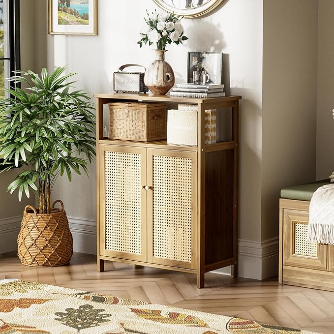 HITNET Rattan Bathroom Floor Cabinet, Freestanding Bamboo Storage Cupboard with 2 Doors, Living Room Sideboard, Space Saving, Walnut