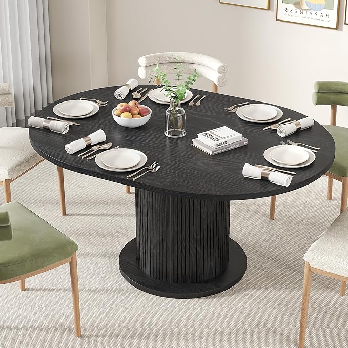 59 inch Round Dining Table for 6, Modern Farmhouse Kitchen Table, Circle Dining Tables with Wood Strip Base for Kitchen Living Room (Big Adjustable Black)
