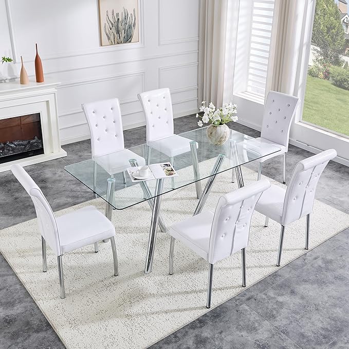 71" Rectangular Dining Table for 6-8, Modern Dining Table with Tempered Glass Tabletop & Metal Legs, Large Glass Dinner Table for Home Kitchen