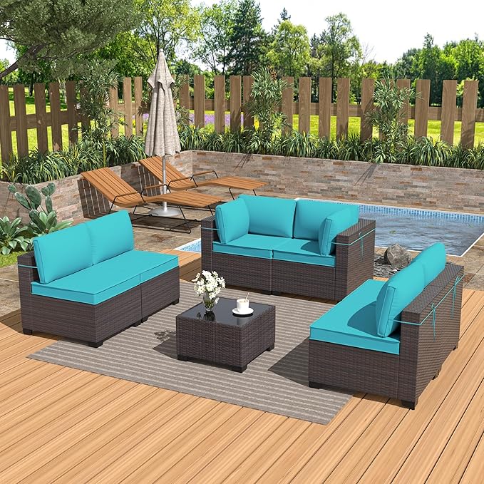 Kurapika 7 Pieces Patio Furniture Set, Rattan Wicker Outdoor Conversation Sets w/4 Inch Cushion and Glass Coffee Table(Blue)