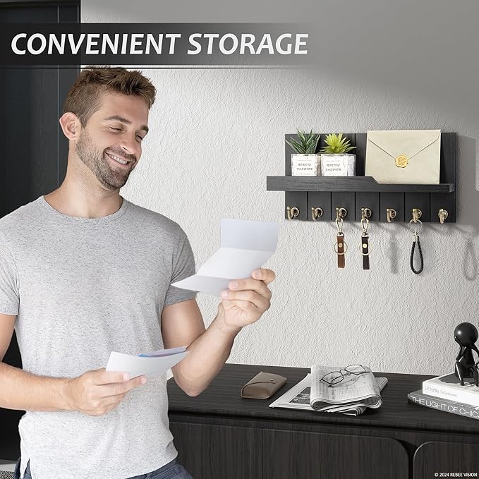 Rebee Vision Decorative Key and Mail Holder for Wall - Farmhouse 15 Inches Floating Shelf with 7 Sturdy Key Hooks for Home Entryway Wall Decor - Rustic Key Racks (Black)