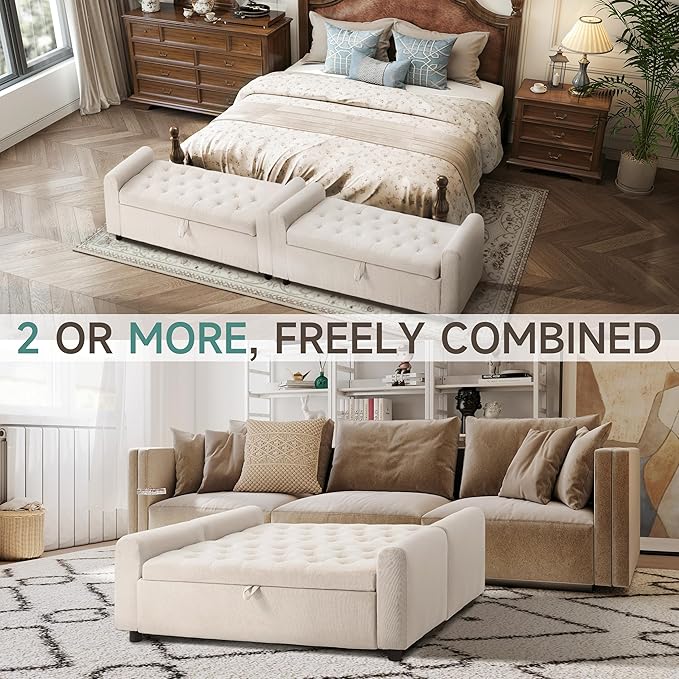 Ottoman with Storage, Tufted Storage Bench for Bedroom, 48" Fabrics End of Bed Bench, Upholstered Entryway Shoe Benches with Rolled Arm & Inner Zipper, Window Ottomans Chest without Rivets, Beige