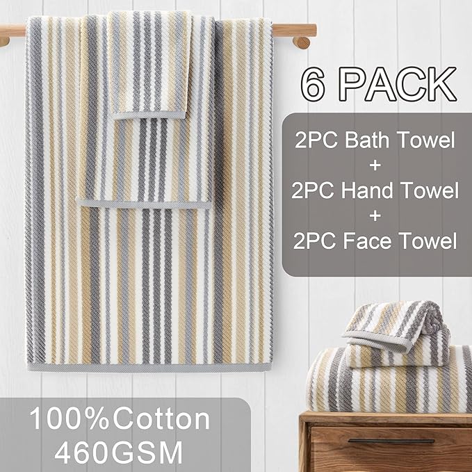 Cotton Towels Set of 6, 6PC Striped Towels - 100% Cotton & Quick Dry - 2 Soft Bath 28"x52", 2 Absorbent Hand 16"x27", 2 Lightweight Washcloth 13"x13", Tan Body Towel with Hanging loop, Gray + Beige