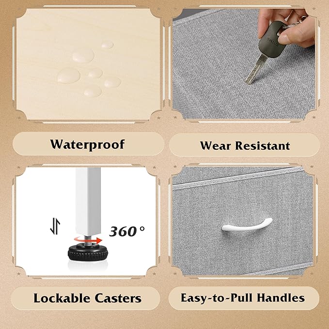 WLIVE 4 Drawers Dresser for Bedroom, Light Grey Fabric Clothes Storage Organizer Unit, Dresser for Hallway, Entryway, Closets, Sturdy Steel Frame, Wood Top