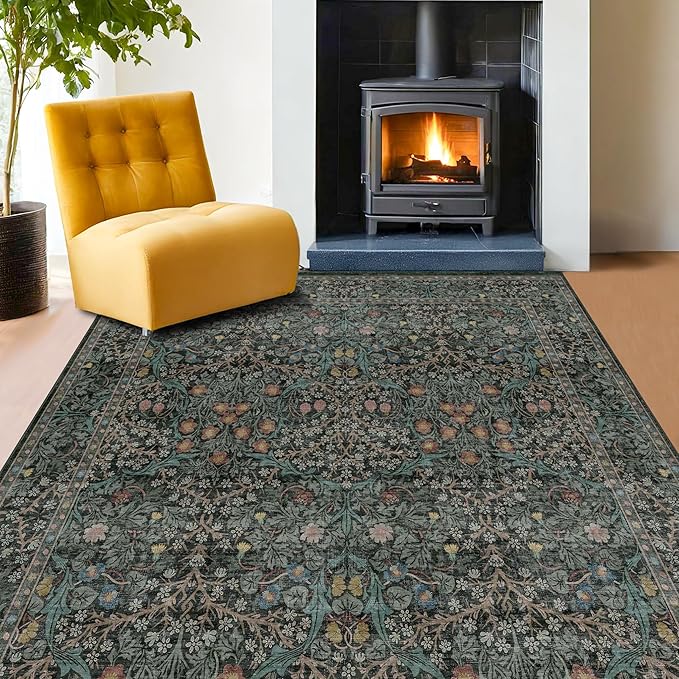 Dining Room Rugs for Under Table - 6x8 Washable Dark Green Area Rug for Living Room, Low Pile Non-Slip Floor Carpet for Bedroom - Vintage Design & Stain Resistance