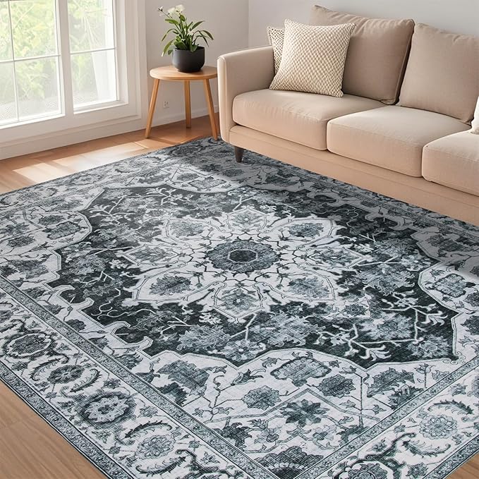 WILLSUN Washable Area Rugs, 5x7 Non-Slip Boho Large Area Rugs for Living Room, Bedroom, Machine Washable Vintage Rug, Indoor Floral Print Carpet for Home Decor, Kid & Pet Friendly Mat